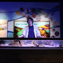 A Flandrau staff member waits to greet visitors at the aquatic touch tank